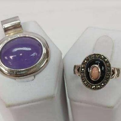 Sterling and Marcasite Ring Sz 8 + Lavender Jade/ Sterling Pendant