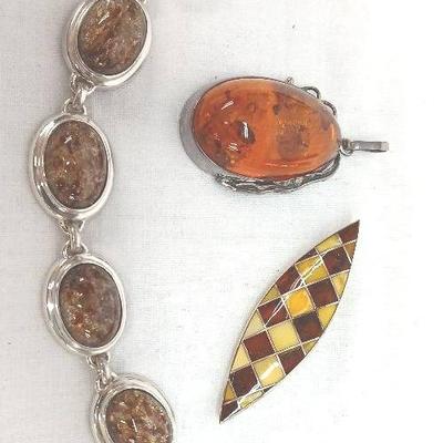 Baltic Topaz Bracelet- Pin+ Pendant Set In Sterling Silver