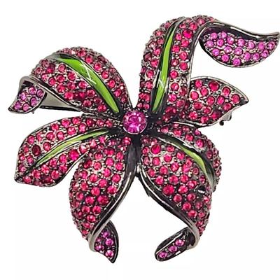 Joan Rivers Pink Rhinestone Plique-A-Jour Glass Flower Orchid Brooch