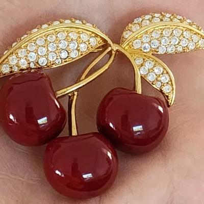 VTG JOAN RIVERS Rhinestone Lucite Cherries Brooch MINT!