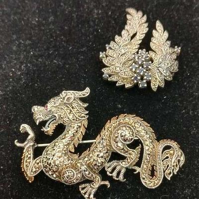 Large Marcasite/Sterling Dragon Pin + Sappire/Marcasite/ Sterling Leaf Pin