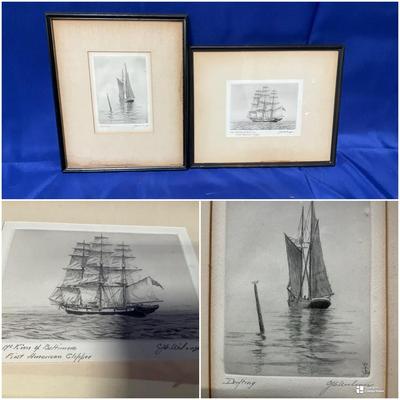 Vintage Pair Of Etching Water Boats Signed David Bendann 11” X 9” Baltimore