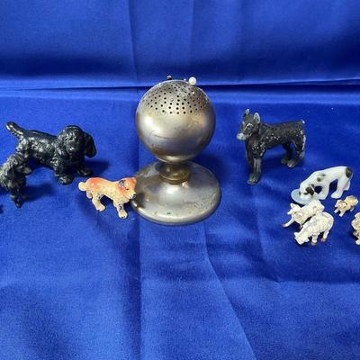 Antique J.A. Schwarz & Co Hat Pin Display Stand And Cast Iron Dogs