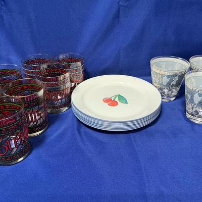 Vintage Holiday Houze Glasses, Corelle Cherrys, And Greek Glasses
