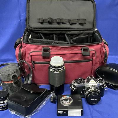 Vintage Nikon SLR Camera And Lenses And Case Bundle