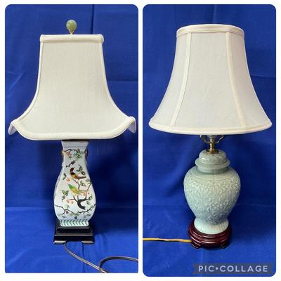 Seafoam Green Ginger Jar & Bird Painted Table Lamps
