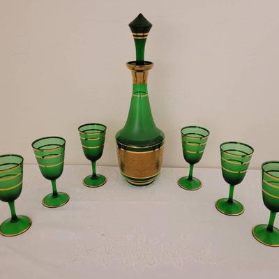 Vintage Bohemian Green Glass Decanter & 6 Goblets 