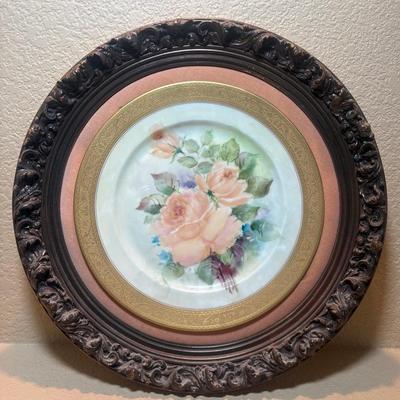 Handpainted Rose Plate Mounted on Circular Wooden Frame