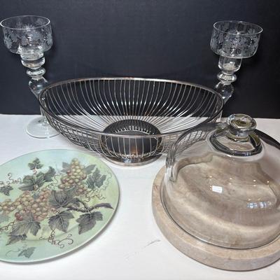 Leonard Silver Plated Bread Basket, Marble Cheese Dome & Porcelain Collectors Plate