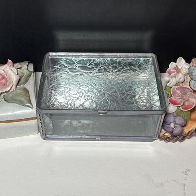 Etched, Beveled Lead Glass Trinket Box, Corday Porcelain Trinket Box & Shell Art 