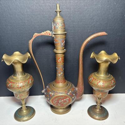 Antique Brass Indian Ewer & Pair Of Solid Brass Bud Vases