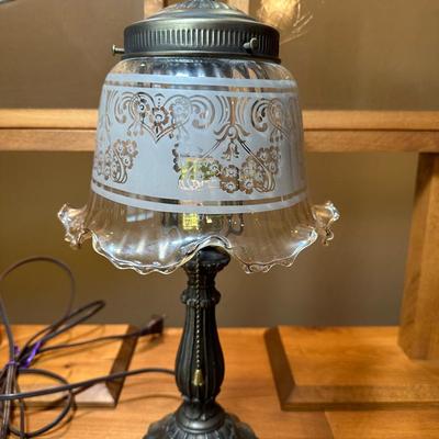 Vintage Cast Iron Boudoir Lamp W/Frosted Iridescent Ruffle Shade