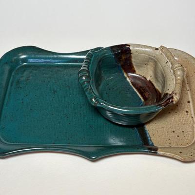 2-Tone Pottery Serving Tray & Dip Bowl
