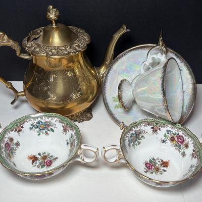 Vintage Solid Brass Tea Pot, 2 Hammersley & Co Bone China & August Poppy Iridescent Teacup & Saucer