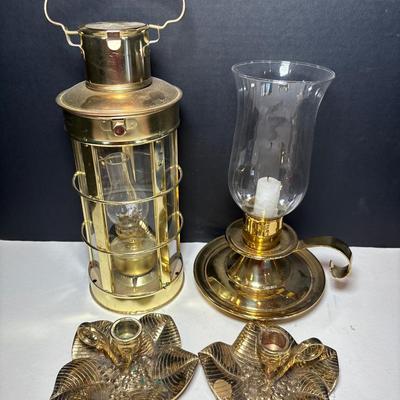 Antique English 5 Glass Panel Brass Kerosene Lamp  & More 
