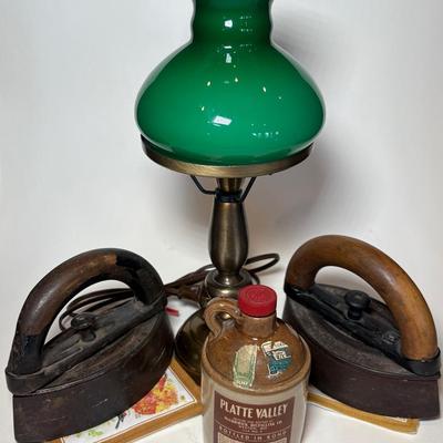 Wester Bell & Mrs Potts Sad Irons, Vintage Platte Valley Stone Whiskey Jug & Brass Candlestick Lamp