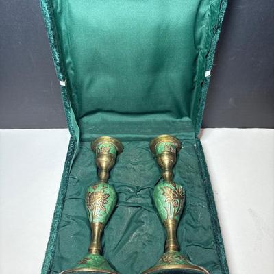 Pair of Indian Brass & Enamel Candlesticks