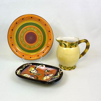 Hand Painted Pottery Serving Plate, Garlic Plate and Pitcher