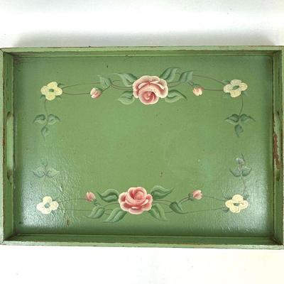 Vintage Hand Painted Wood Serving Tray with Pink Flowers