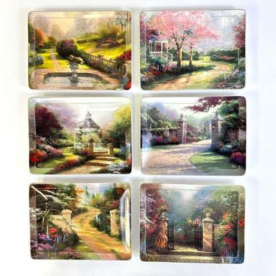 Vintage Thomas Kinkade "Nature's Retreats" Porcelain Plates - Set of 6 - with Wooden Wall Display (holds 12 plates)