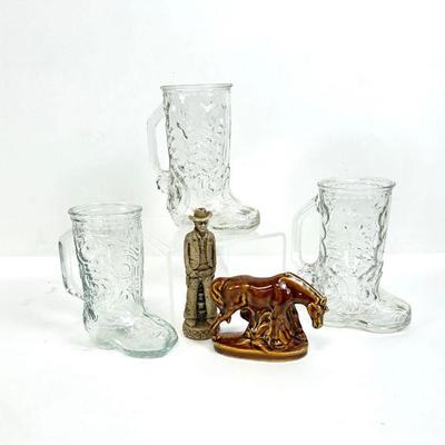 Vintage Glass Boot Mugs, Horse & Cowboy Figurines