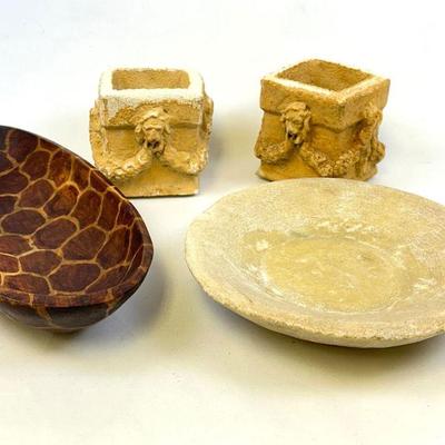 African Hand Carved Wood Giraffe Bowl, Primitive Stone Plate, Plaster Candleholders