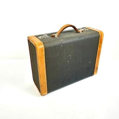 Antique Hard Sided Gray Suitcase with Leather Handle and Edges
