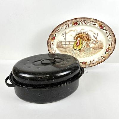 Vintage Large Oval Ceramic Turkey Platter & Large Roasting Pan with Lid
