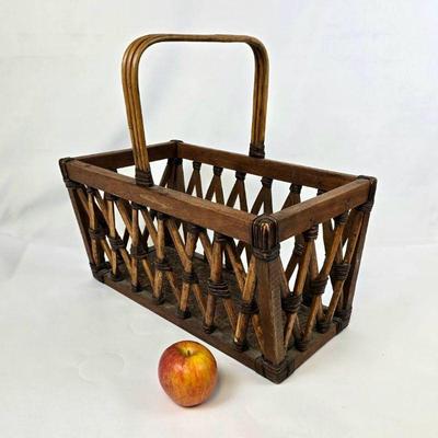 Large Wooden and Wicker Bent Cane Handle Market Basket with Wood Bottom