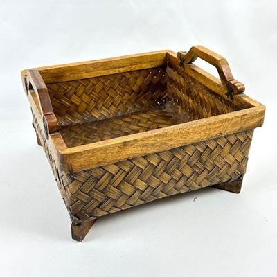 Large Vintage Basket with Wood Trim & Handles