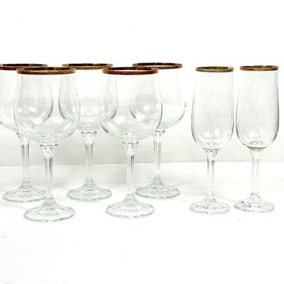 Vintage Gold Rimmed Glasses, 5 Wine & 2 Champagne
