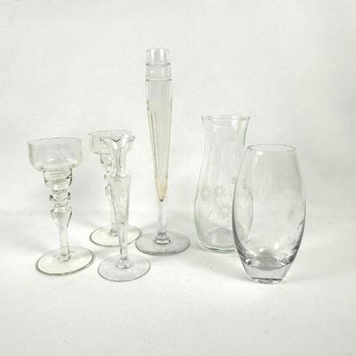 Etched Clear Glass Vases & Set of Etched Candlestick Holders