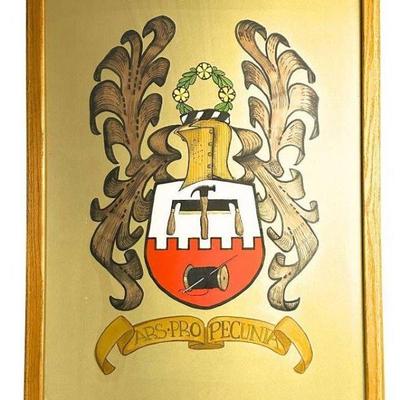 Vintage Large Coat of Arms Painting with Heavy Wood Frame - 32” x 42”