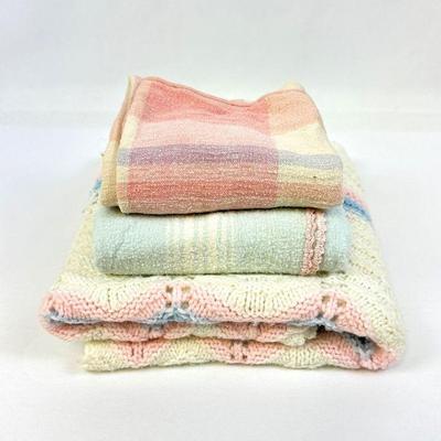 Vintage Pink , Blue & White Crochet Baby Blanket and 2 small cotton blankets