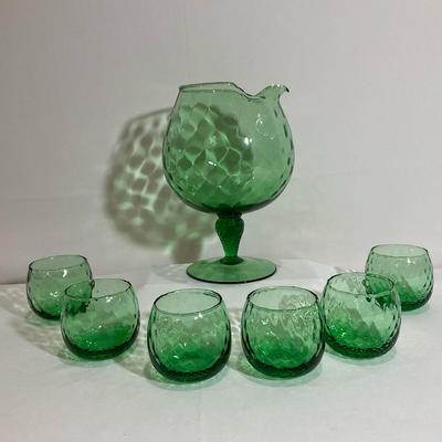 Green Optic Glass Pitcher And Rolly Polly Glasses