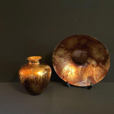 Glass Bowl And Vase With Gold Like Leaves Effect 