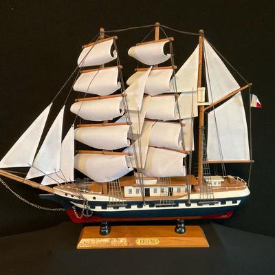 Vintage Belem Wood Sailing Ship Model with Cloth Sails.