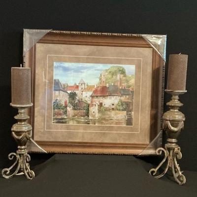Brand New Framed Art Print And Candles with Holders