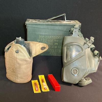 Military Gas Mask, Ammo Box And Canteen