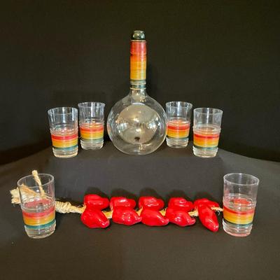 Vintage Lafayette Agua Caliente Hot Coffee Glass Bottle And Glasses