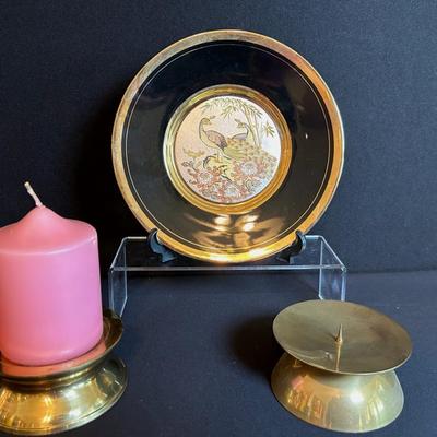 Chokin Japanese Decorative Plate + Brass Candle Holders