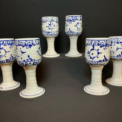 Six Handpainted Stoneware Blue Goblets