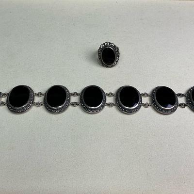 Sterling Silver Onyx Link Bracelet & Ring