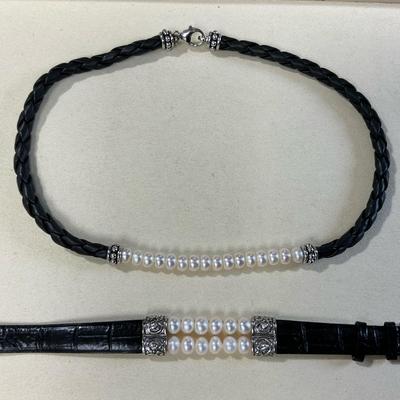Pearl And Leather Sterling Silver Bracelet And Necklace 