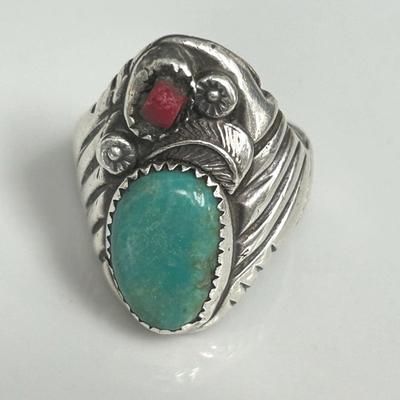 Sterling, Turquoise & Coral Ring