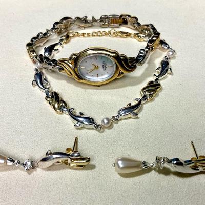Gorham Stainless Steel Dolphin Watch, Bracelet, And Earrings