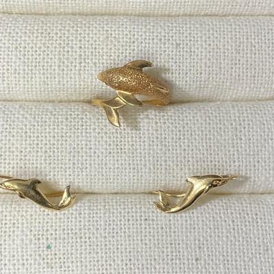 14K Gold Dolphin Ring & Earrings