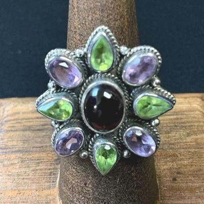 Sterling Silver Peridot And Amethyst Flower Ring