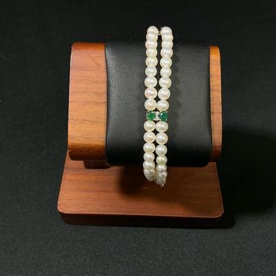 14K Gold Pearl & Emerald Tone Bracelet 