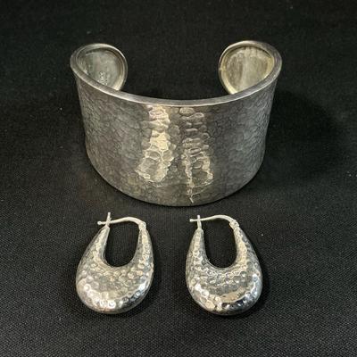 Sterling Silver Hammered Cuff Bracelet And Earrings 